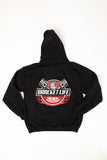 White BracketLife Brand piston design on black hoodie