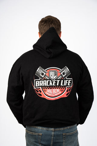 BracketLife Brand piston design on black hoodie