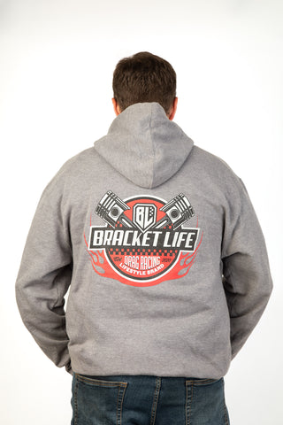 White BracketLife Brand piston design on grey hoodie