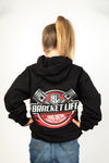 BracketLife Brand piston design on black youth hoodie